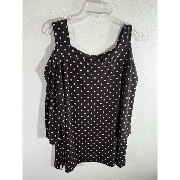 Chico's Black White Polka Dot Sz 2 (US L) Stretch Open Shoulder Women’s Blouse - Picture 1 of 7